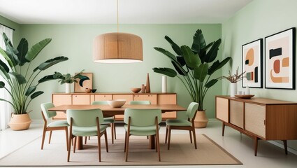 Minimalist dining room with Scandinavian decor, natural tones, and sleek modern furniture.