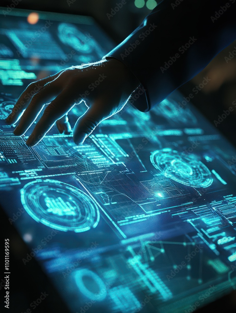 Poster hand using glowing digital communication and security interface on screen. global business and commu