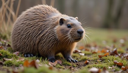 Fototapeta premium Groundhog Emerging from Its Burrow on a Sunny Day 