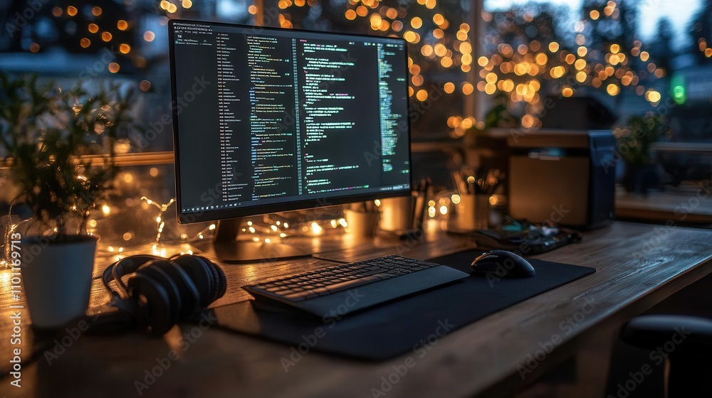 Poster A cozy workspace featuring a monitor displaying code, surrounded by plants and soft lighting, creating a warm atmosphere for productivity.