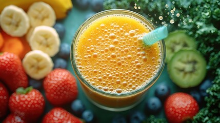 A glass of fresh orange juice surrounded by fresh fruit, including strawberries, blueberries, bananas, and kiwi.