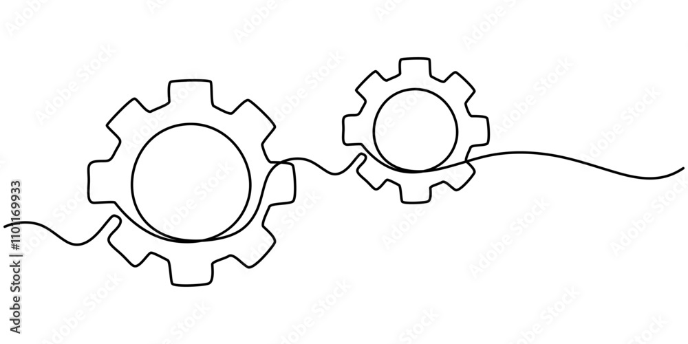 Poster continuous one line drawing of machine gear. one line drawing illustration of gear wheel. gear techn