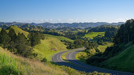 Fototapeta premium Serene Journey: Wide-Angle Winding Highway in Mountainous Landscape