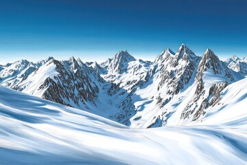 Naklejka premium Snow-covered mountain landscape with peaks under a clear blue sky.