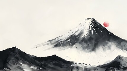 A Tranquil Sumi-e Landscape Painting Featuring Mount Fuji, Serene Waters, and Delicate Brushstrokes that Capture the Essence of Japanese Nature and Zen Aesthetics