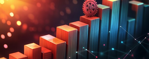 Artistic shot of wooden blocks in an upward trend with a gear at the top well-lit and colorful