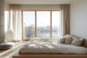 Fototapeta premium Minimalist bedroom with floor-to-ceiling window and simple decor