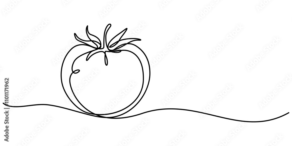 Poster tomato in continuous line art drawing style. ripe tomato fruit black linear sketch isolated on white