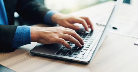 Man, hands and typing on laptop for business, planning and update schedule in Japan office. Corporate person, computer and connectivity in workplace for email, contact or economy research for growth