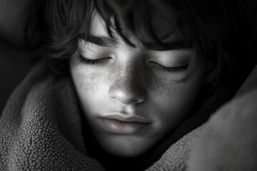 Fototapeta premium A peaceful child sleeps deeply, wrapped in a cozy blanket. Soft shadows create a serene atmosphere. This intimate moment captures innocence and tranquility. Generative AI