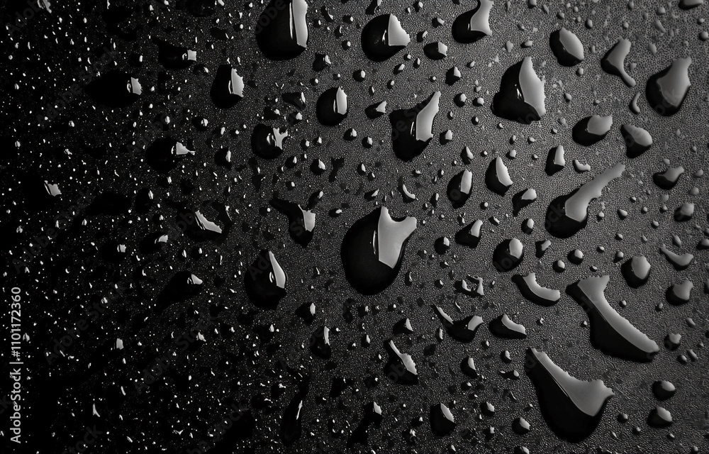 Poster Close-up view of water droplets on a dark surface showcasing texture and reflections in a unique light