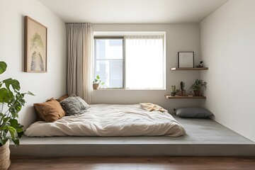 Fototapeta premium Minimalist bedroom with low platform bed and wall art