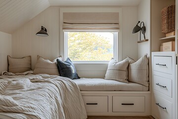 Cozy bedroom with built-in window seat and storage
