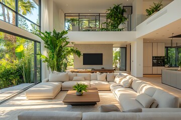 Naklejka premium Contemporary living room with large sectional and indoor plants