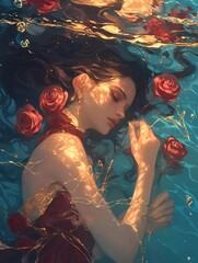 Girl and roses under the water