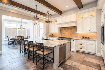 Luxury kitchen with integrated appliances and marble flooring