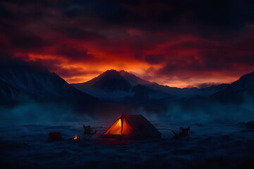 Winter Camping - Lit tent as night falls in the mountains