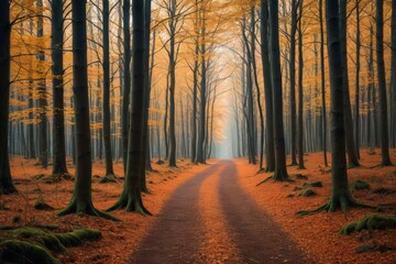 Fototapeta premium trees with yellow leaves on them in a forest with a path