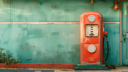 Charming Vintage 1950s American Gas Pump Against a Colorful Wall Reflecting Retro Design Elements