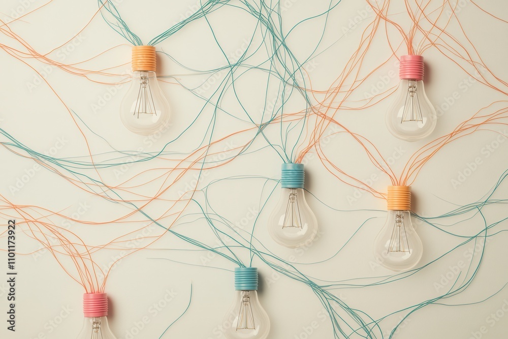 Poster A vibrant arrangement of colorful light bulbs connected by strings, creating an artistic and playful display on a neutral background.