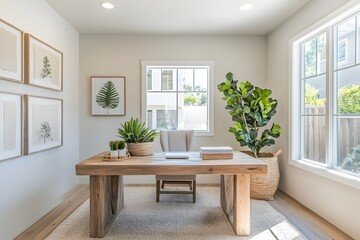 Fototapeta premium Minimalist home office with wooden desk and indoor plants