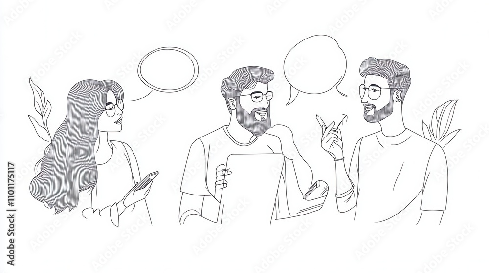 Poster three individuals engage in conversation, with one holding a tablet, while speech bubbles suggest di