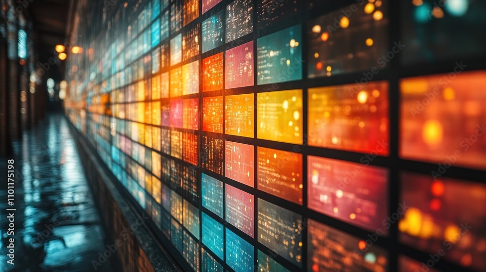 Wall mural a wall of glowing screens with data and information displayed on them. the screens are arranged in a
