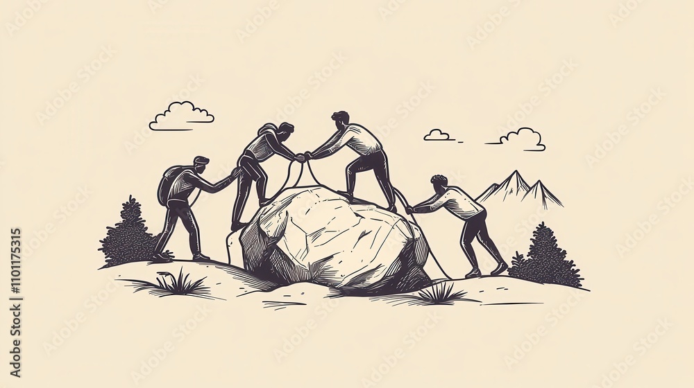 Poster a group of people collaborates to move a large rock, symbolizing teamwork and perseverance against o