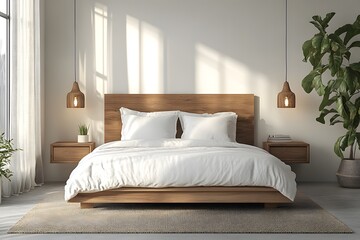 Fototapeta premium Minimalist bedroom with wall-mounted lamps and simple decor