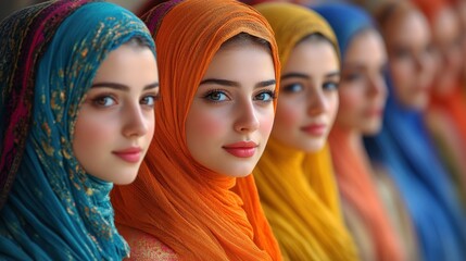 Obraz premium Four young women wearing colorful headscarves look directly at the camera.