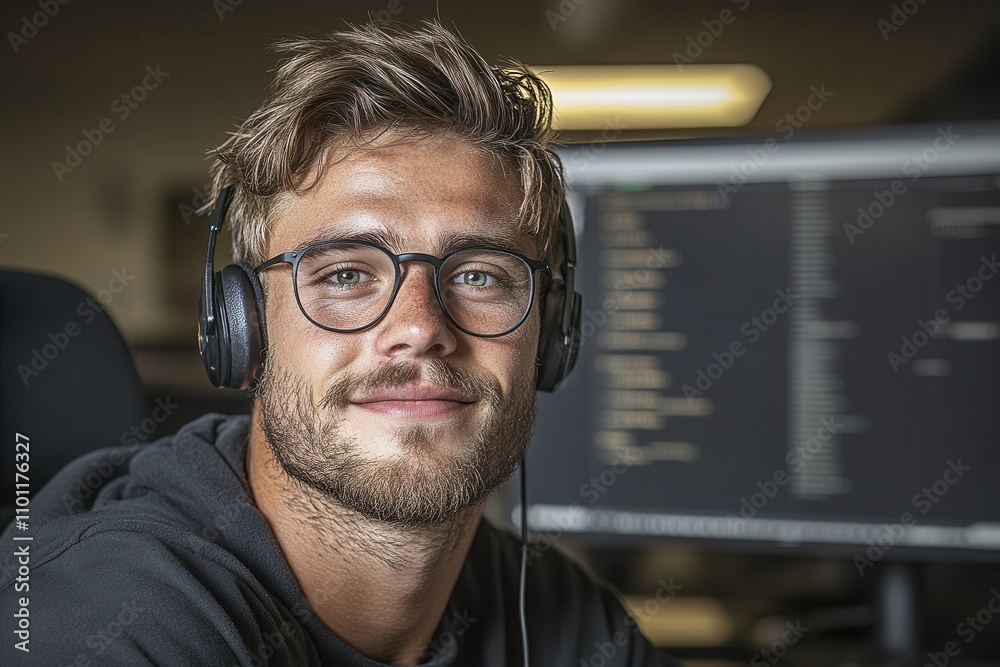 Poster A young man with glasses and headphones smiles confidently at the camera, set against a blurred background of a computer screen displaying code.