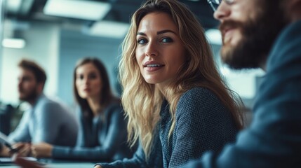Obraz premium A group of businessman and woman having meeting in bright and calm office