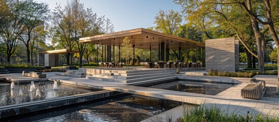 Obraz premium Tranquil Oasis Modernist Public Park with Geometric Water Features and Lush Landscaping This image showcases a beautifully designed outdoor space