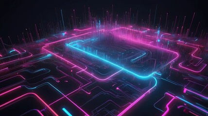 Obraz premium Abstract background with fast moving neon light particles, forming complex circuit patterns