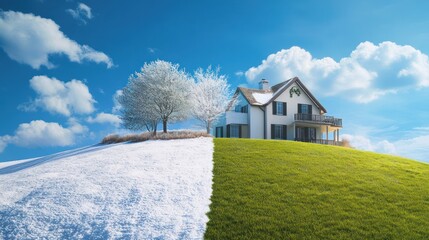 Dream house, split winter/summer scene.