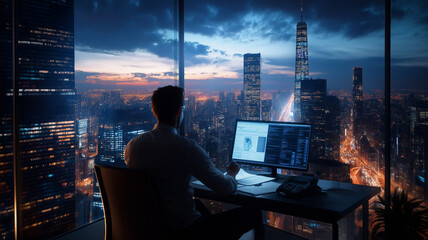 Fototapeta na wymiar man working at desk with city skyline view at dusk, feeling focused and inspired