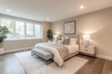 Fototapeta premium Modern bedroom with built-in nightstands and reading lights
