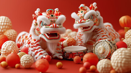 vibrant display of traditional lion dance figures surrounded by festive decorations