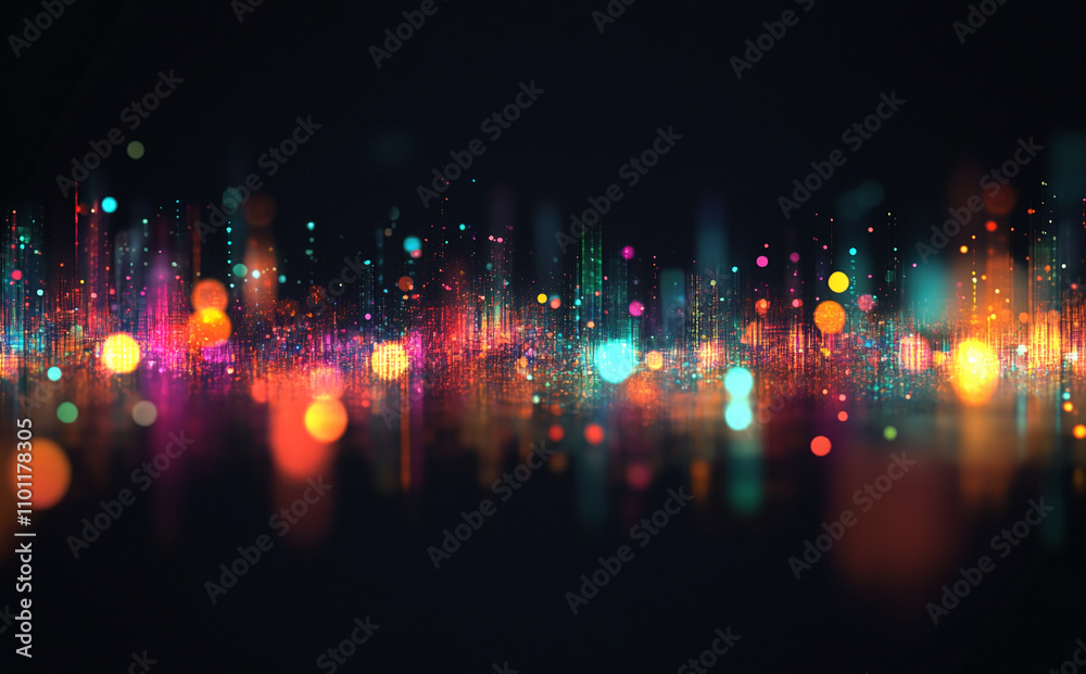 Poster Colorful sound waves illuminating a dark background with bright dots and patterns