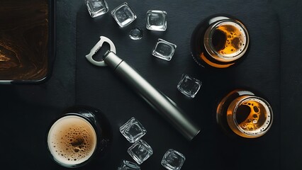 Flat lay with bottle opener, bottle opener, glass bottles of beer and ice cubes arranged on dark tabletop
