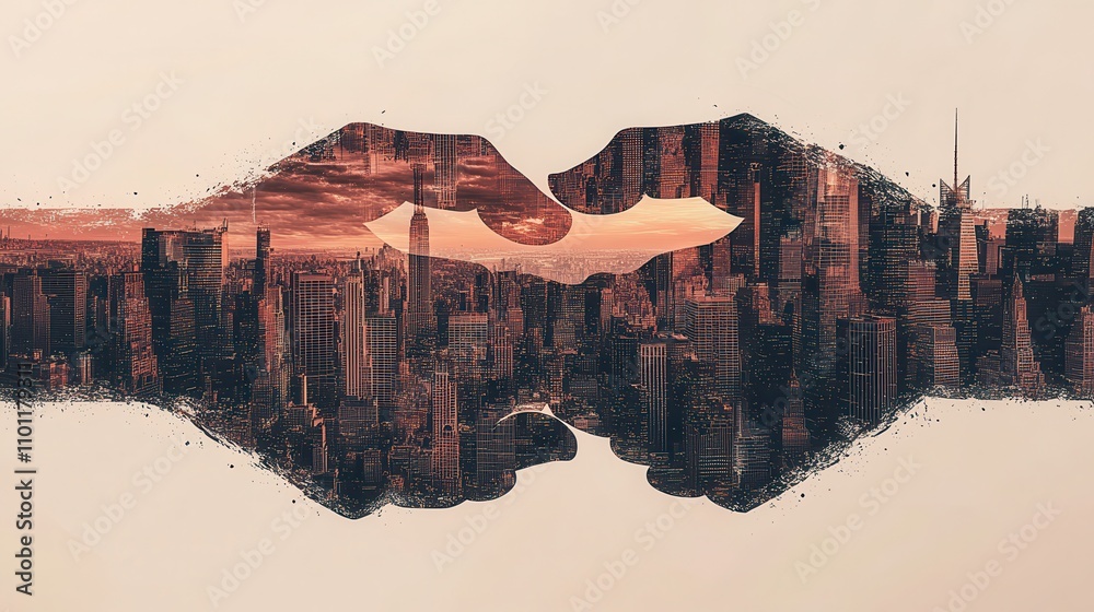Poster two hands appear to shake, merging with a city skyline, symbolizing unity and collaboration amidst a