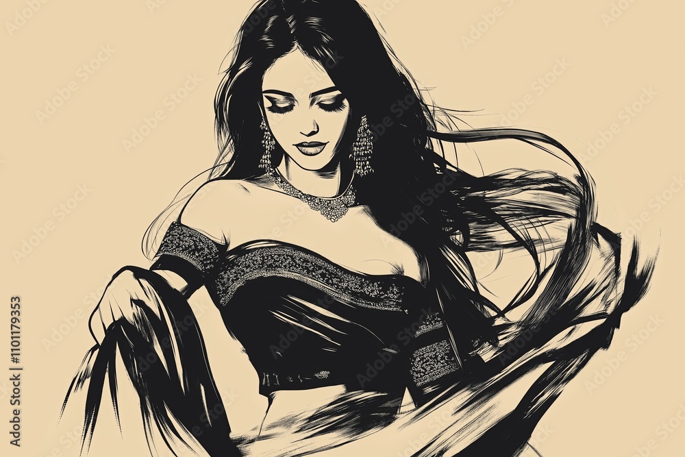 Poster abstract outline of an indian woman in flowing attire, using simple black ink strokes on a beige can