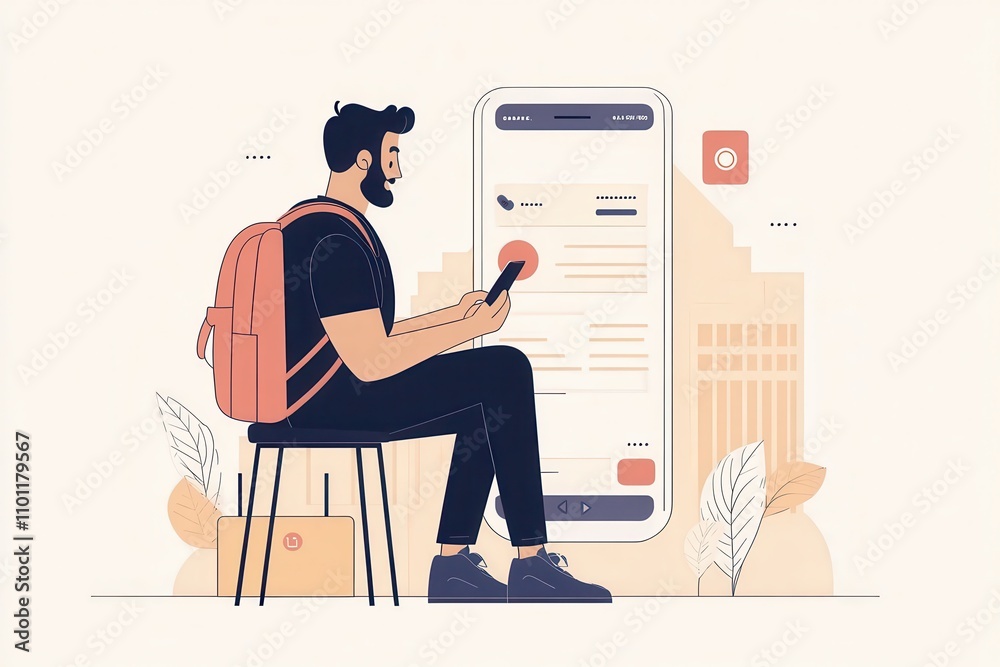 Aufkleber A man sits with a backpack, using a smartphone while engaging with a digital interface, showcasing modern technology and communication.