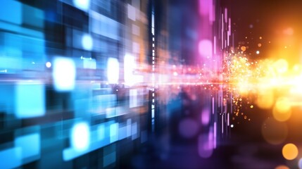 Obraz premium scientific fiction fantasy futuristic background, shiny light glowing on dark background with geometric shape bokeh and neon light trail 