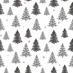 Obraz premium Fir tree seamless pattern. Beautiful Christmas background with hand drawn abstract fir trees. Ready Happy New Year surface pattern print design.