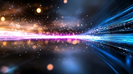 Obraz premium scientific fiction fantasy futuristic background, shiny light glowing on dark background with geometric shape bokeh and neon light trail 