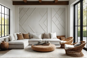 Fototapeta premium Modern living room with geometric accent wall and cozy seating