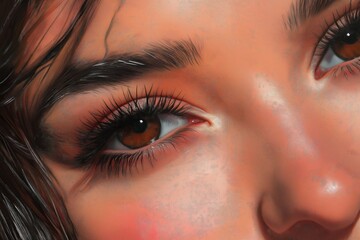 Fototapeta premium Close-up of a woman’s expressive eyes, highlighted with kajal, on a neutral-toned background.