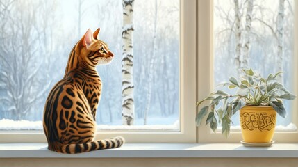 Bengal cat gazing out snowy window with copy space for winter design