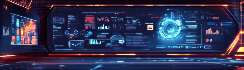 Futuristic digital dashboard displaying data analytics and visualizations.